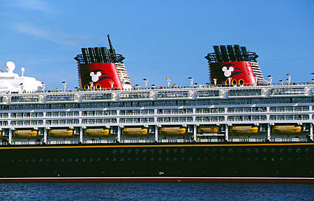 Stacks of Disney cruise ship Wonder. Nassau, The Bahamas.