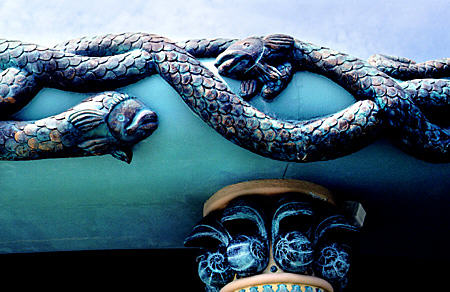 Sculpted sea serpents on Atlantis Resort on Paradise Island. The Bahamas.