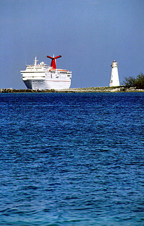Light house & cruise ship. The Bahamas.