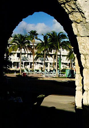 Our Lucaya Resort framed by a stone arch on Grand Bahama Island. The Bahamas.