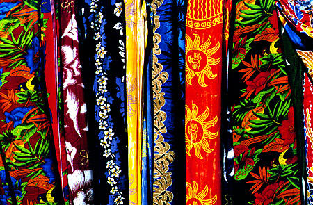 Colorful fabrics in Strawmarket in Freeport. The Bahamas.