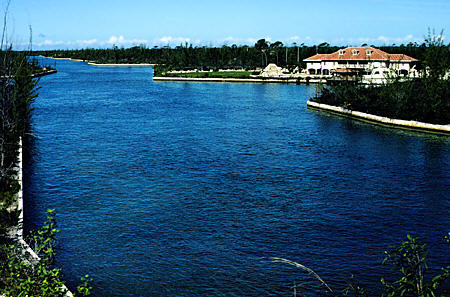 Grand Lucayan Waterway is lined with mansions. The Bahamas.