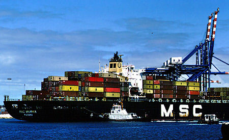 MSC Brianna container ship in port of Freeport Harbor. The Bahamas.