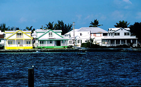 Houses along harbor in Spanish Wells. The Bahamas.