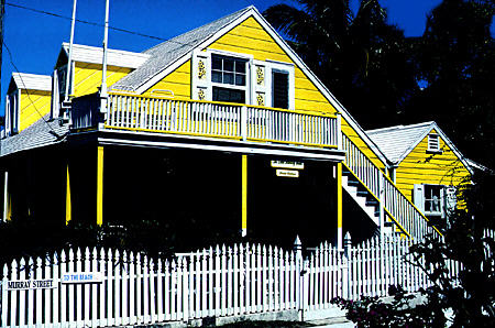 Yellow house at Bay & Murray Streets in Harbour Island. The Bahamas.