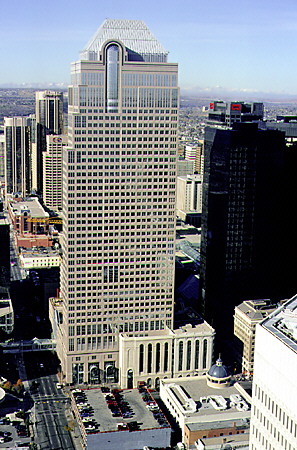 View west from Calgary Tower towards skyscrapers. Calgary, AB.
