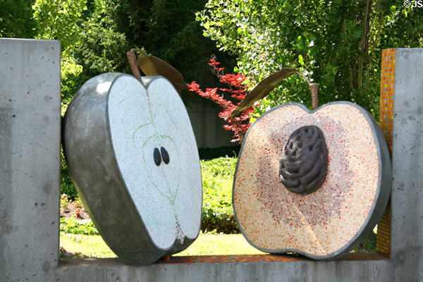 Pear & Peach sculpture part of Fruit Stand by Glen Andersen & T.S. Thomas on Kelowna Art Walk. Kelowna, BC.