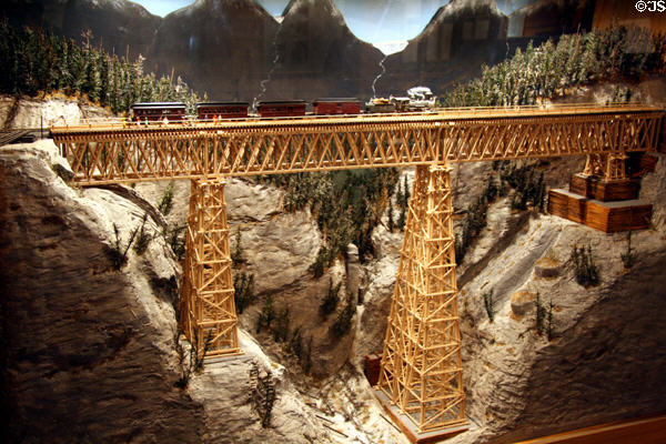 Model of Surprise Creek wooden trestle bridge (1885-94) of Rogers Pass Revelstoke Railway Museum. Revelstoke, BC.