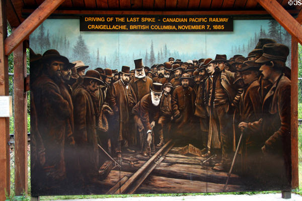 Mural of driving of last spike for Canadian Pacific Railway. Craigellachie, BC.