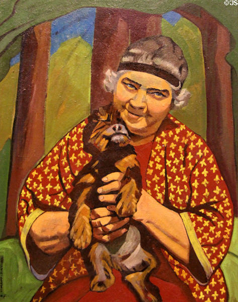 Portrait of Emily Carr with dog Griffon (1971) by Edythe Hembroff-Schleicher at Art Gallery of Greater Victoria. Victoria, BC.
