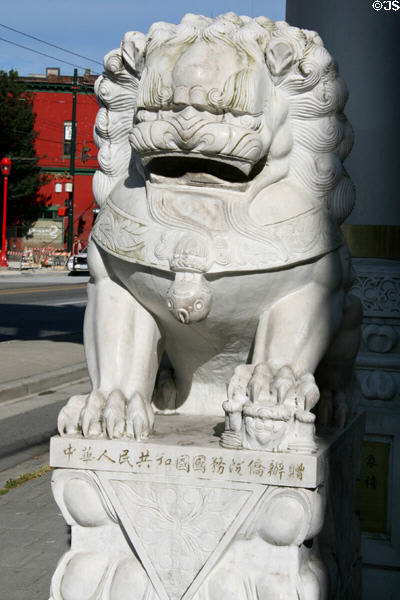 Lion at base of Vancouver Chinatown entrance gates. Vancouver, BC.