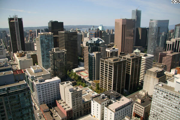 Downtown Vancouver skyline from Harbour Centre observation deck. Vancouver, BC.