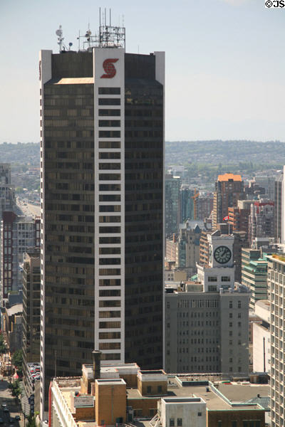 Vancouver skyline with Scotia Tower (1977) (35 floors) (650 West Georgia St.) & Vancouver Block. Vancouver, BC. Architect: WZMH Architects.
