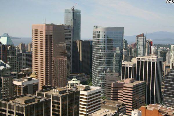 Vancouver downtown skyline with Park Place, Living Shangri-La, & Bentall complex from Harbour Centre observation deck. Vancouver, BC.