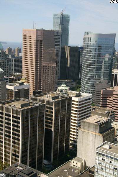 Vancouver downtown skyline with Park Place, Living Shangri-La, & Bentall 5 from Harbour Centre observation deck. Vancouver, BC.