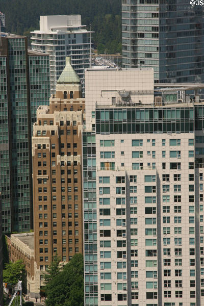 Marine Building & Terminal City Club Tower from Harbour Centre observation deck. Vancouver, BC.