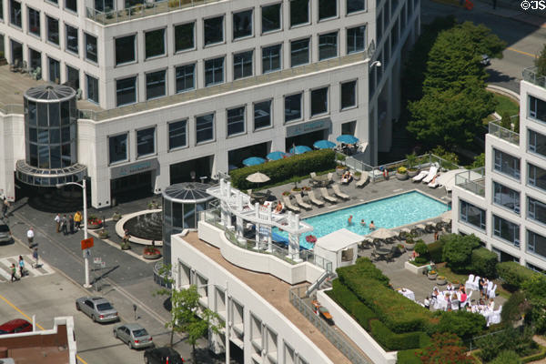 Fairmont Waterfront Hotel pool area from Harbour Centre observation deck. Vancouver, BC.