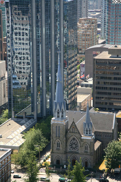 Holy Rosary Cathedral (1899) (646 Richards St.) from Harbour Centre observation deck. Vancouver, BC. Architect: Julian & Williams.