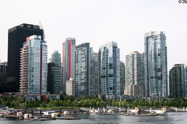 Condo-apartments along 1200 block of West Cordova St. over float plane docks from harbour. Vancouver, BC.