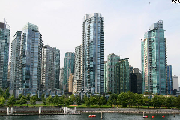 Condo-apartments (early 2000s) along 1200 block of West Cordova St. over float plane docks from harbour. Vancouver, BC.