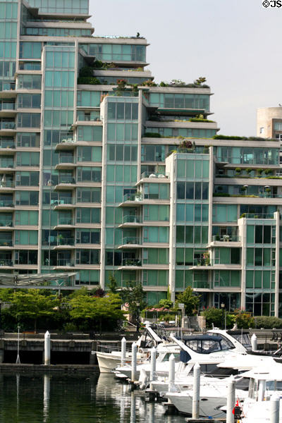 Terraced condos in Bayshore complex on Coal Harbour. Vancouver, BC.