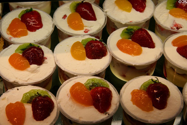 Fruit cups with cream at Granville Island Market. Vancouver, BC.
