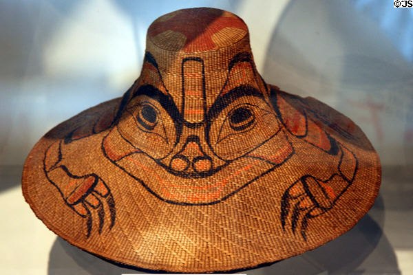 Haida woven hat with painted frog design at Vancouver Museum. Vancouver, BC.