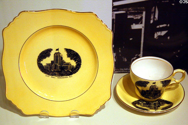 Cup & plate with Vancouver City Hall at Vancouver Museum. Vancouver, BC.
