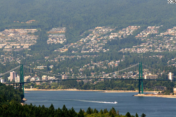 Vancouver's Lions Gate Bridge (1938) from Stanley Park to North Shore across mouth of harbour. Vancouver, BC.
