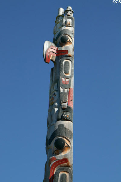 Upper detail of Mortuary Haida house frontal pole (1959) by Bill Reid with Douglas Cranmer at Museum of Anthropology at UBC. Vancouver, BC.