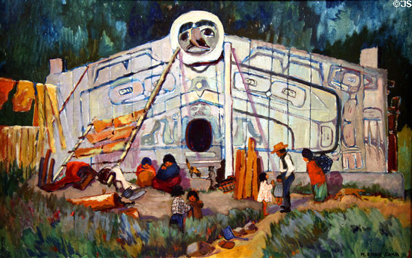 Painting of Northwest Coast native house front at Gold Harbour (1912) by Emily Carr at Vancouver Art Gallery. Vancouver, BC.