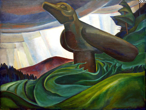 Painting of Northwest Coast native Big Raven totem (1931) by Emily Carr at Vancouver Art Gallery. Vancouver, BC.