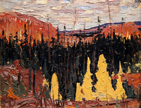 Burnt Land painting on board (1915) by Tom Thomson at McMichael Gallery. Kleinburg, ON.