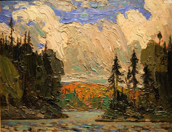 Black Spruce in Autumn painting on board (1915) by Tom Thomson at McMichael Gallery. Kleinburg, ON.