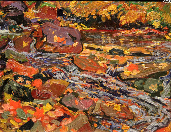 Leaves in the Brook painting on board (c1918) by J.E.H. Macdonald at McMichael Gallery. Kleinburg, ON.