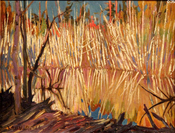 Beaver Dan & Birches painting on board (c1919) by J.E.H. Macdonald at McMichael Gallery. Kleinburg, ON.