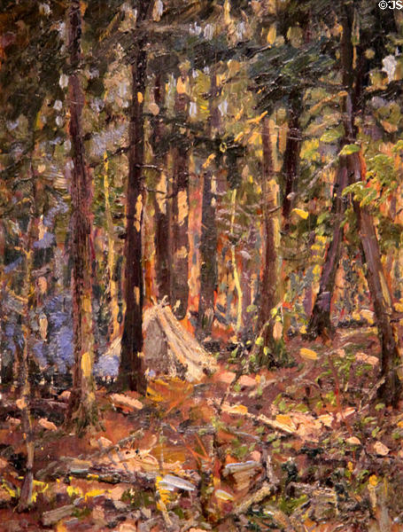 Tom Thomson's Camp painting on board (1914) by Arthur Lismer at McMichael Gallery. Kleinburg, ON.