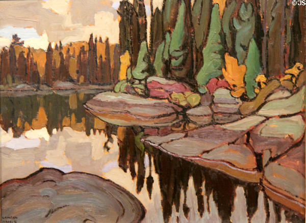 Algoma Reflection painting on board (C1918-20) by Lawren Harris at McMichael Gallery. Kleinburg, ON.