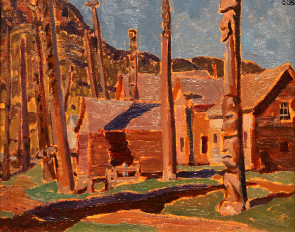 Totem Poles, Indian Village. B.C. painting (c1926) by A.Y. Jackson at McMichael Gallery. Kleinburg, ON.