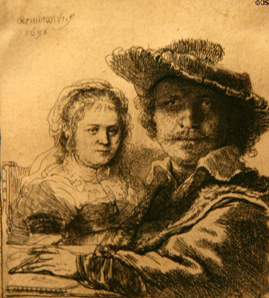 Self-portrait with wife Saskia etching (1636) by Rembrandt van Rijn at National Gallery of Canada. Ottawa, ON.