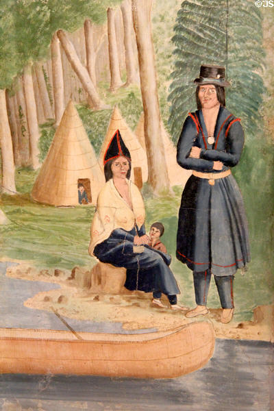 Native family & settlement detail of Croscup's painted room (c1845) of Nova Scotia at National Gallery of Canada. Ottawa, ON.