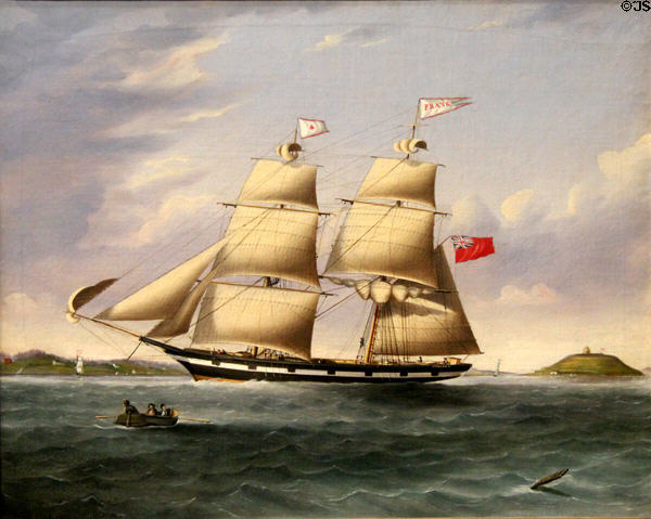 Sailing ship Frank off George Island, Halifax, NS painting (c1856) by John O'Brien of Nova Scotia at National Gallery of Canada. Ottawa, ON.