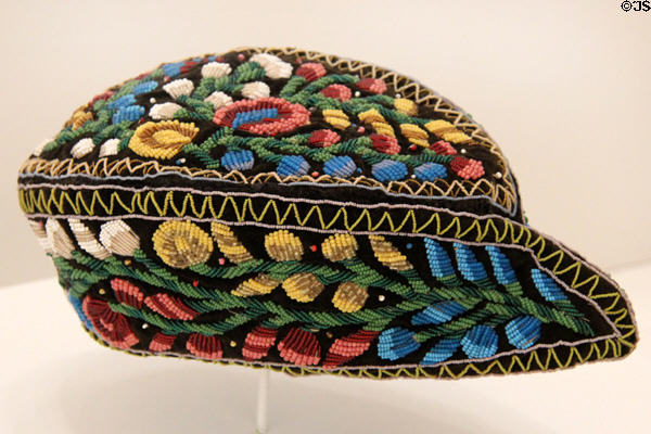 Embroidered native Glengarry cap (c1840-60) by Haudenosaunee artist at National Gallery of Canada. Ottawa, ON.