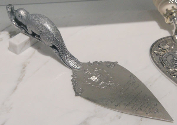 Silver commemorative trowel with beaver handle for ceremony of Quebec City Post Office building (c1871) by P. Poulin & Fils of Quebec at National Gallery of Canada. Ottawa, ON.
