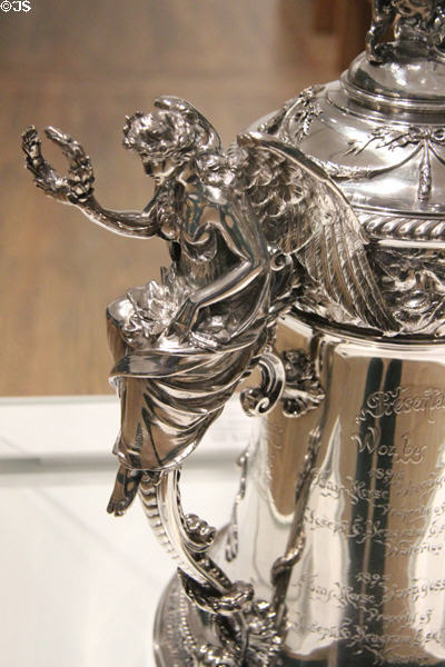 Detail of angel handle on Silver Hiram Walker horse racing cup (1894) by Gorham Mfg. Co. of Providence, RI for J.E. Ellis & Co. of Toronto, ON at National Gallery of Canada. Ottawa, ON.