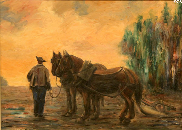 Farmer leading two horses painting on board (1907) by Tom Thompson at Tom Thompson Art Gallery. Owen Sound, ON.
