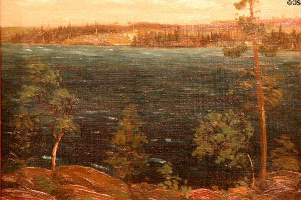 Smoke Lake, Algonquin Park painting on board (1912) by Tom Thompson at Tom Thompson Art Gallery. Owen Sound, ON.