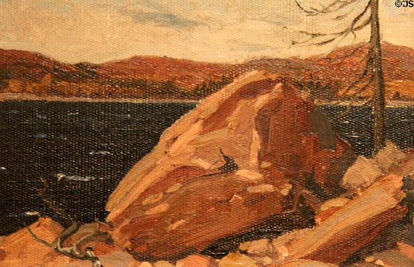 Lake scene with boulder painting on board (1912) by Tom Thompson at Tom Thompson Art Gallery. Owen Sound, ON.