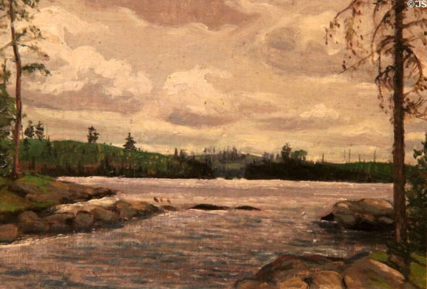 Lake scene with river mouth painting on board (c1912) by Tom Thompson at Tom Thompson Art Gallery. Owen Sound, ON.