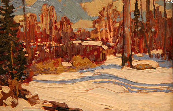 Woods in Winter painting on board (1917) by Tom Thompson at Tom Thompson Art Gallery. Owen Sound, ON.